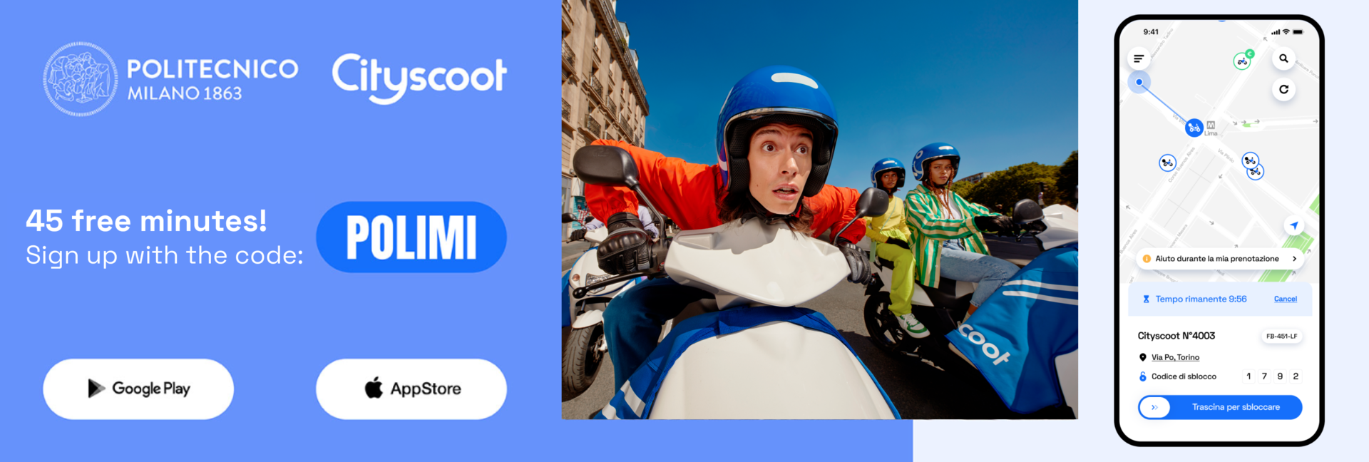 Cityscoot: 45 free minutes! Sign up with the code: POLIMI